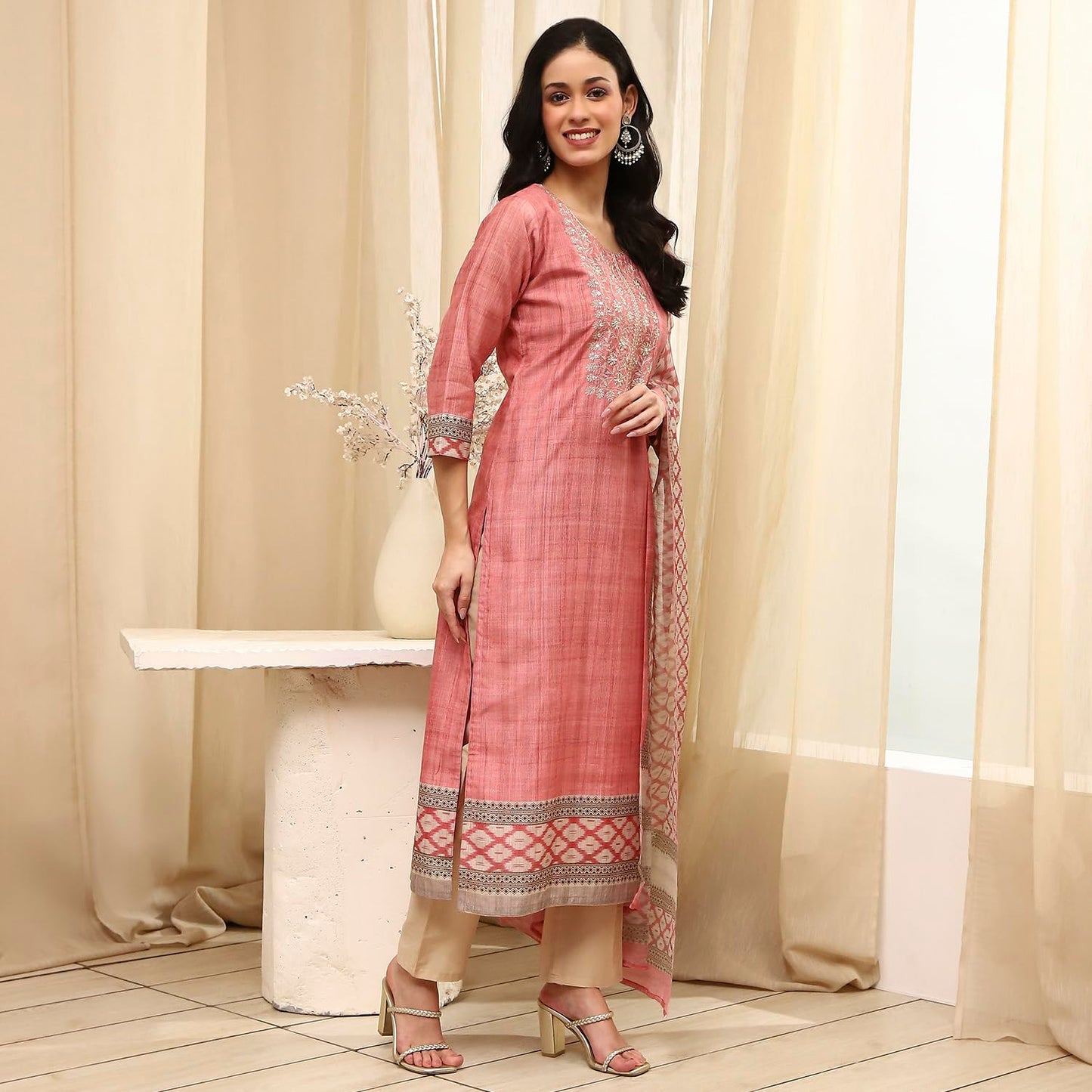 BIBA Women Peach Cotton Machine Embroidered Unstitched Suit Set_FREE SIZE