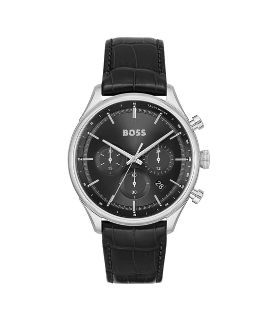 BOSS Gregor Qtz Fashion Chrono Black Sunray Round Dial Men's Watch|Black Mock Crocodile-Grained Leather Material|Black Color Band - 1514049