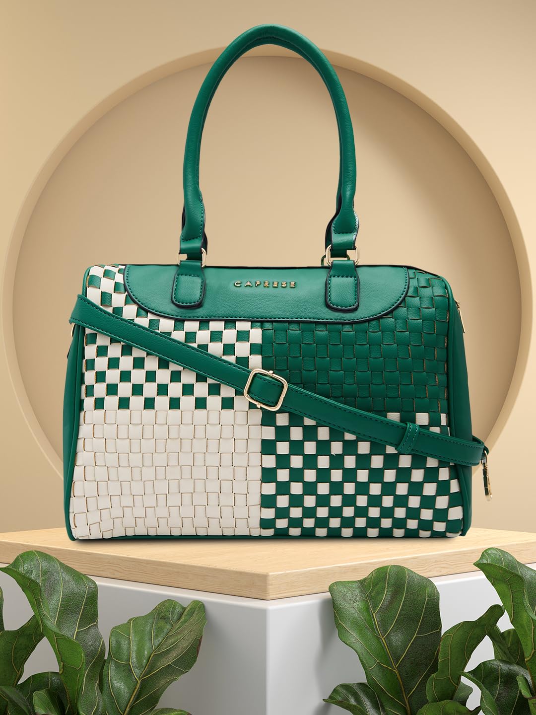 Caprese Aria Satchel, Medium Dual Colored-Green | Chic & Stylish Woven Handbag for Women with Secure Top Zip | Perfect for Office & Daily Essentials