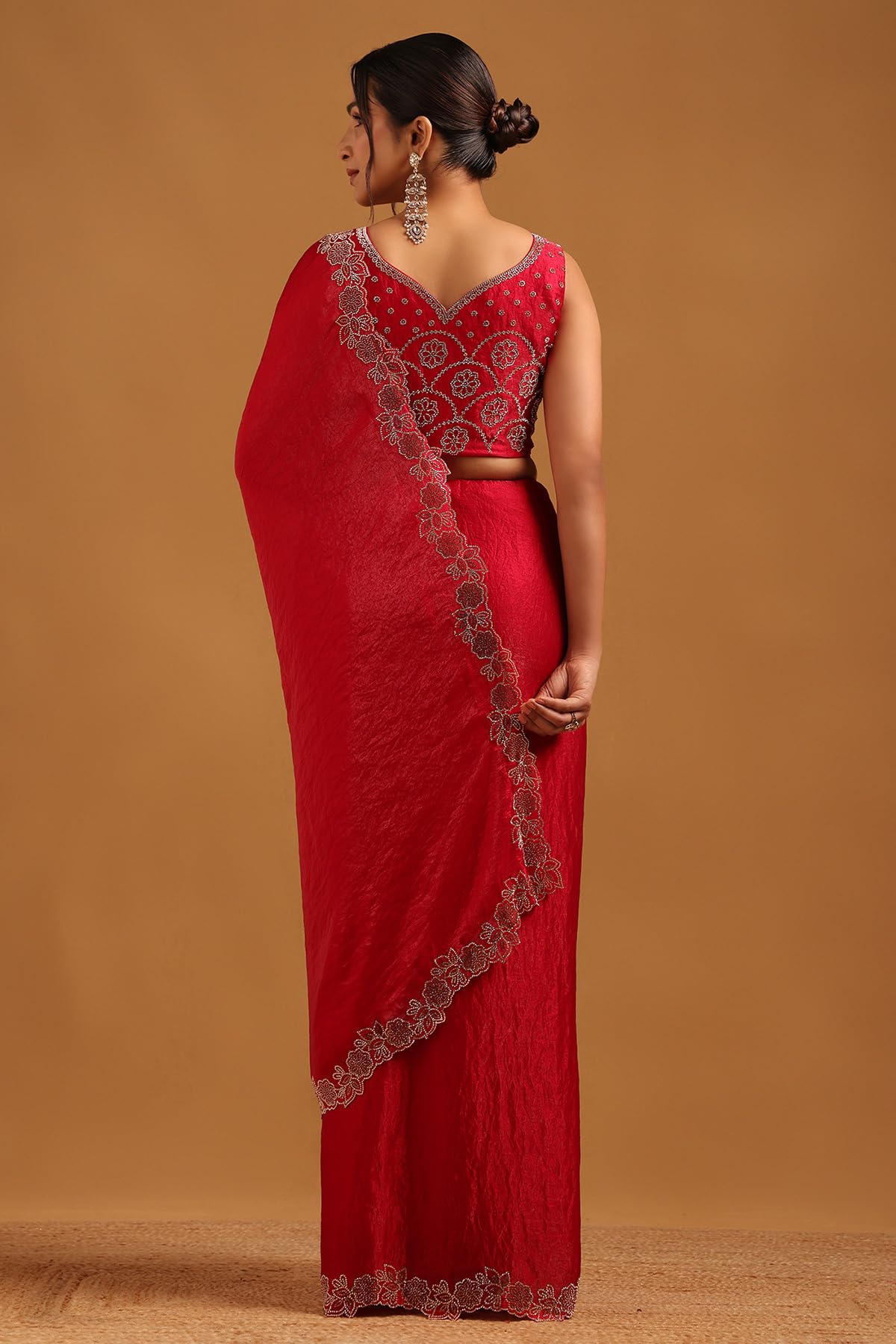 Soch Womens Red Fendy Organza Saree With Stone Work