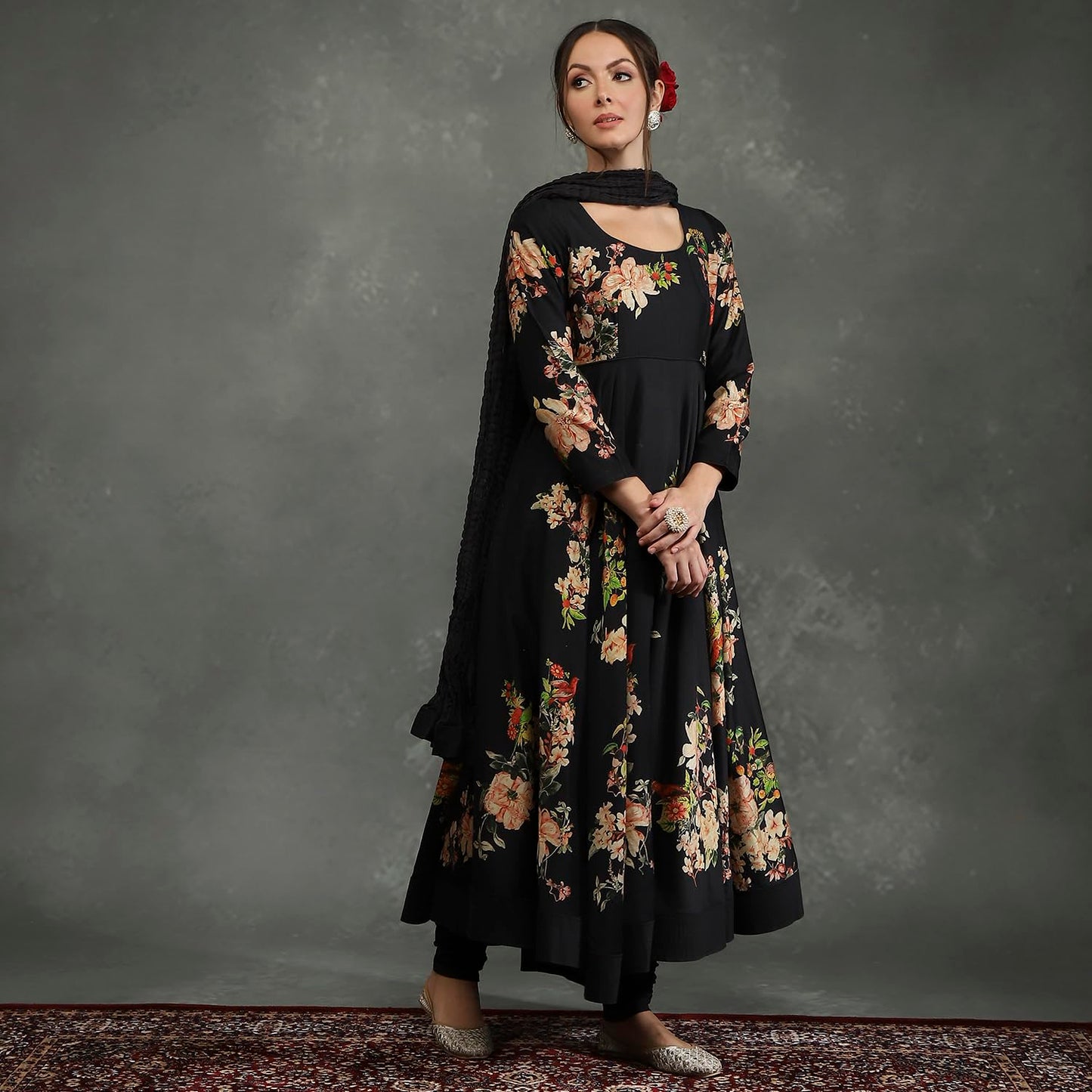 BIBA Women's Silk Chanderi Kurta Sets (CKD10960AW24BLK_Black