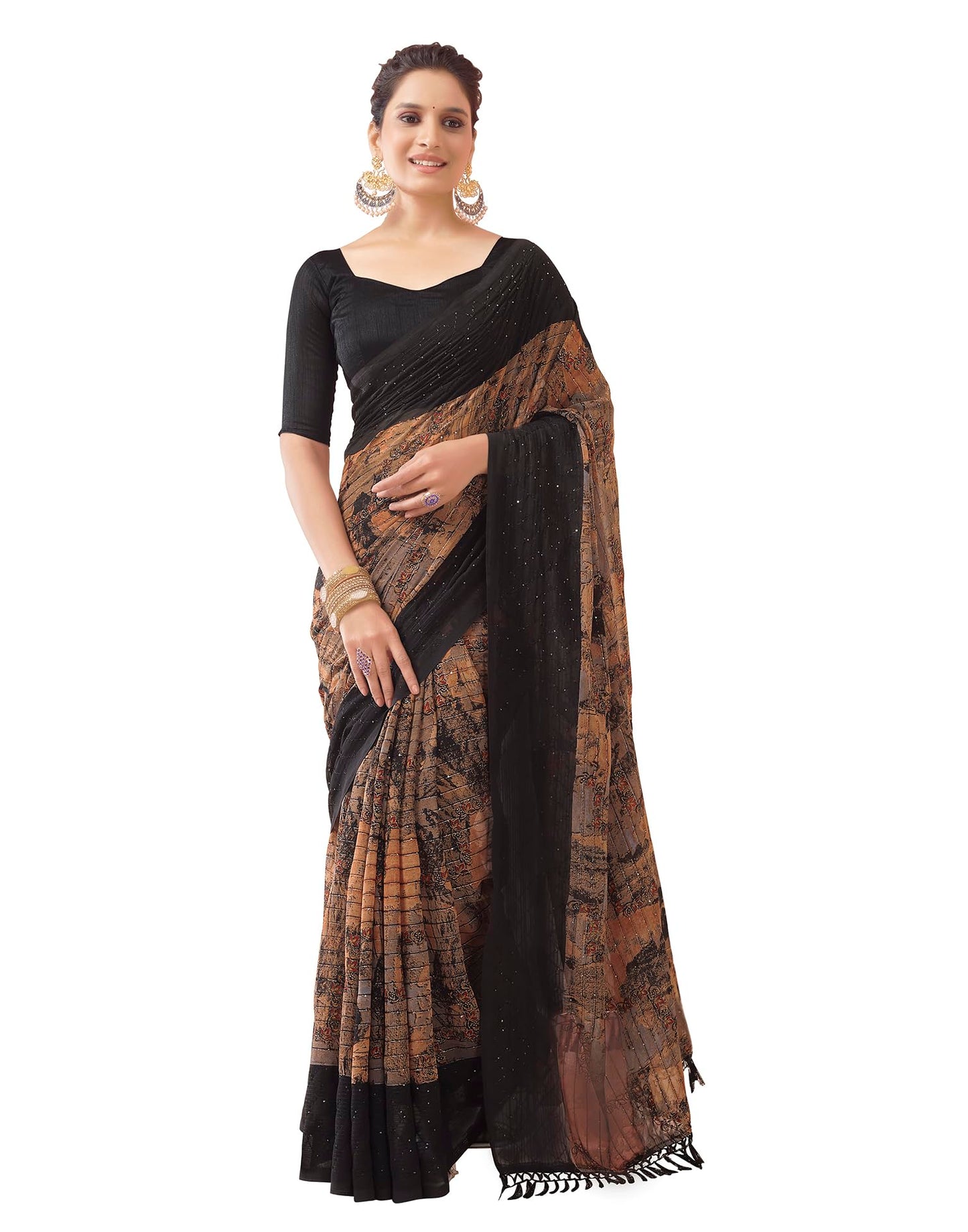 SIRIL Women's Georgette Printed Sequence Work, Saree With Unstitched Blouse Piece (3476S711A_Black)
