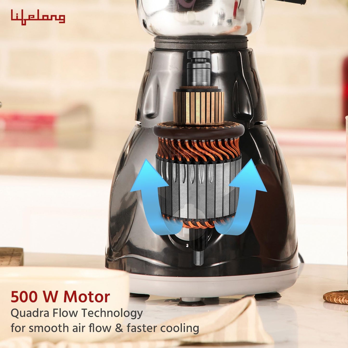 Lifelong LLMG23 Power Pro 500-Watt Mixer Grinder with 3 Jars (Liquidizing, Wet Grinding and Chutney Jar), Stainless Steel blades, 1 Year Warranty (Black)