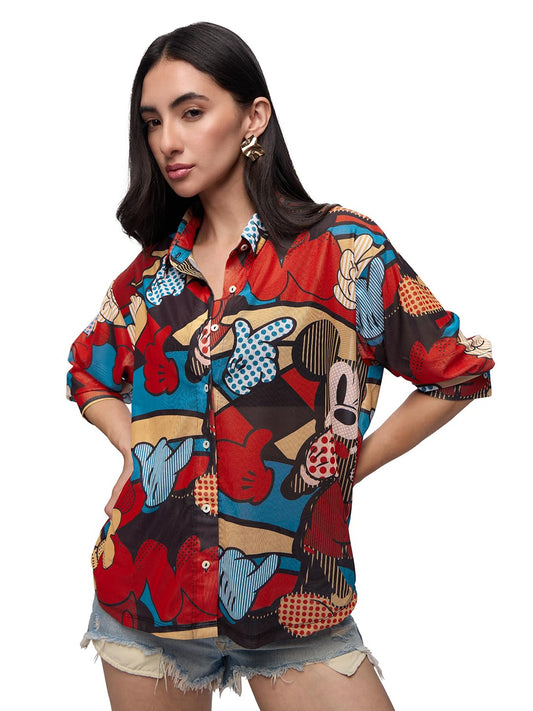 The Souled Store Mesh Shirt : Mickey Mouse Abstract Women and Girls Long Sleeve Collared Neck Button Down Multicolor All Over Printed Cotton Boyfriend Shirts Oversized Loose Fit Shirts Casual