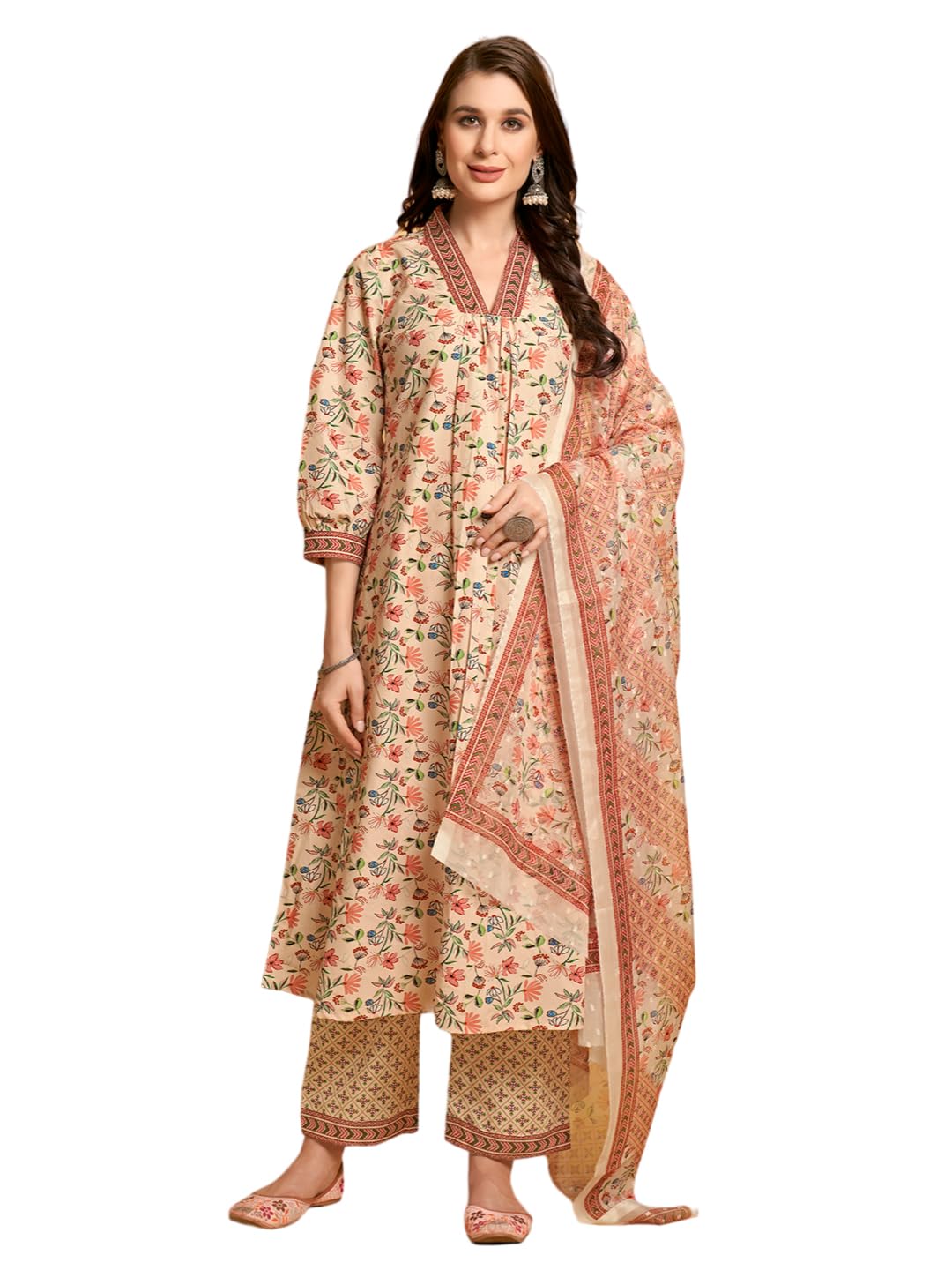 V4M Women's Peach Floral Printed A-Line Kurta Set | Kurta Pant With Dupatta