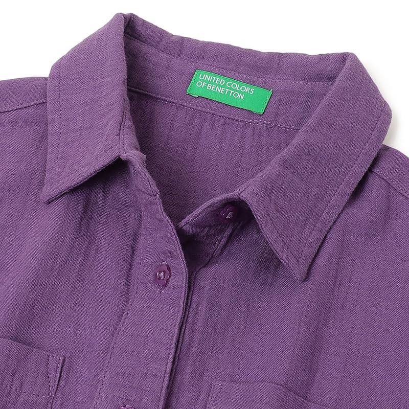 United Colors of Benetton Regular Fit Spread Collar Solid Crinkled Crop Double Pocket Shirt