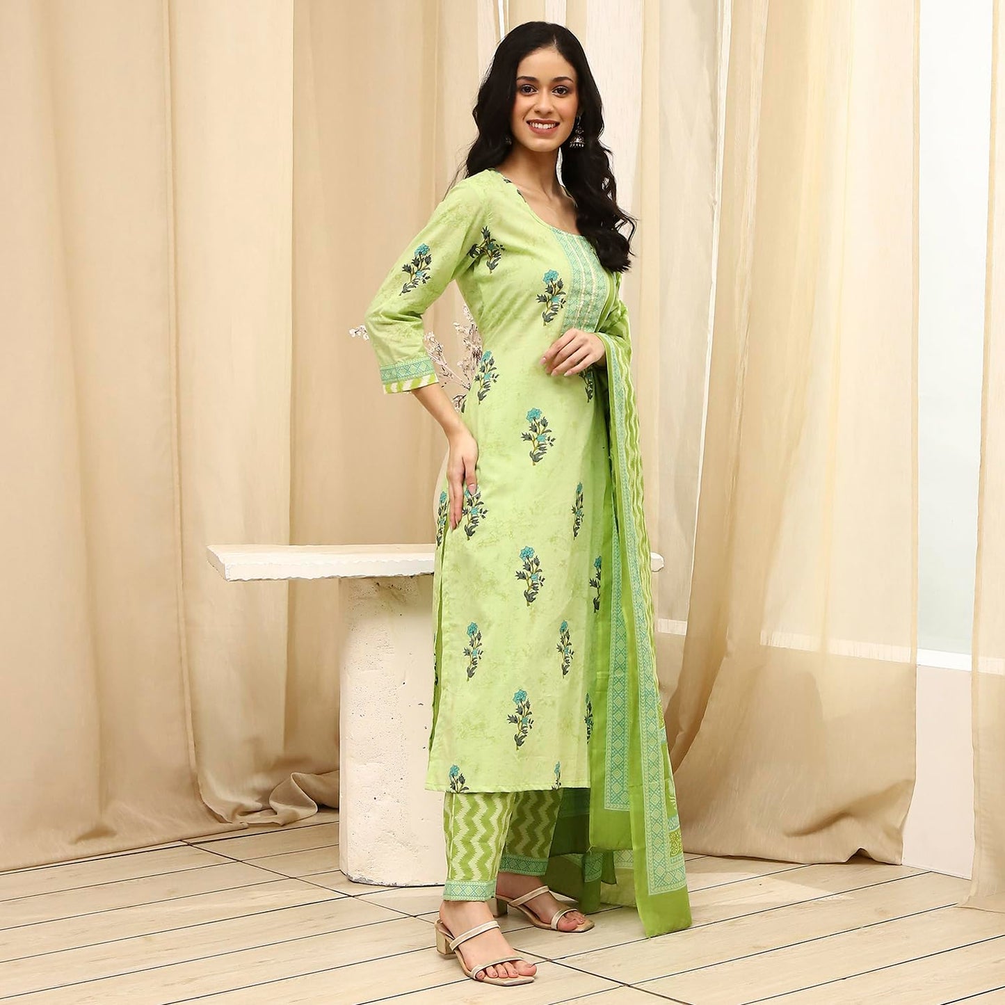 BIBA Women Lime Green Cotton Screen Print Unstitched Suit Set_FREE SIZE