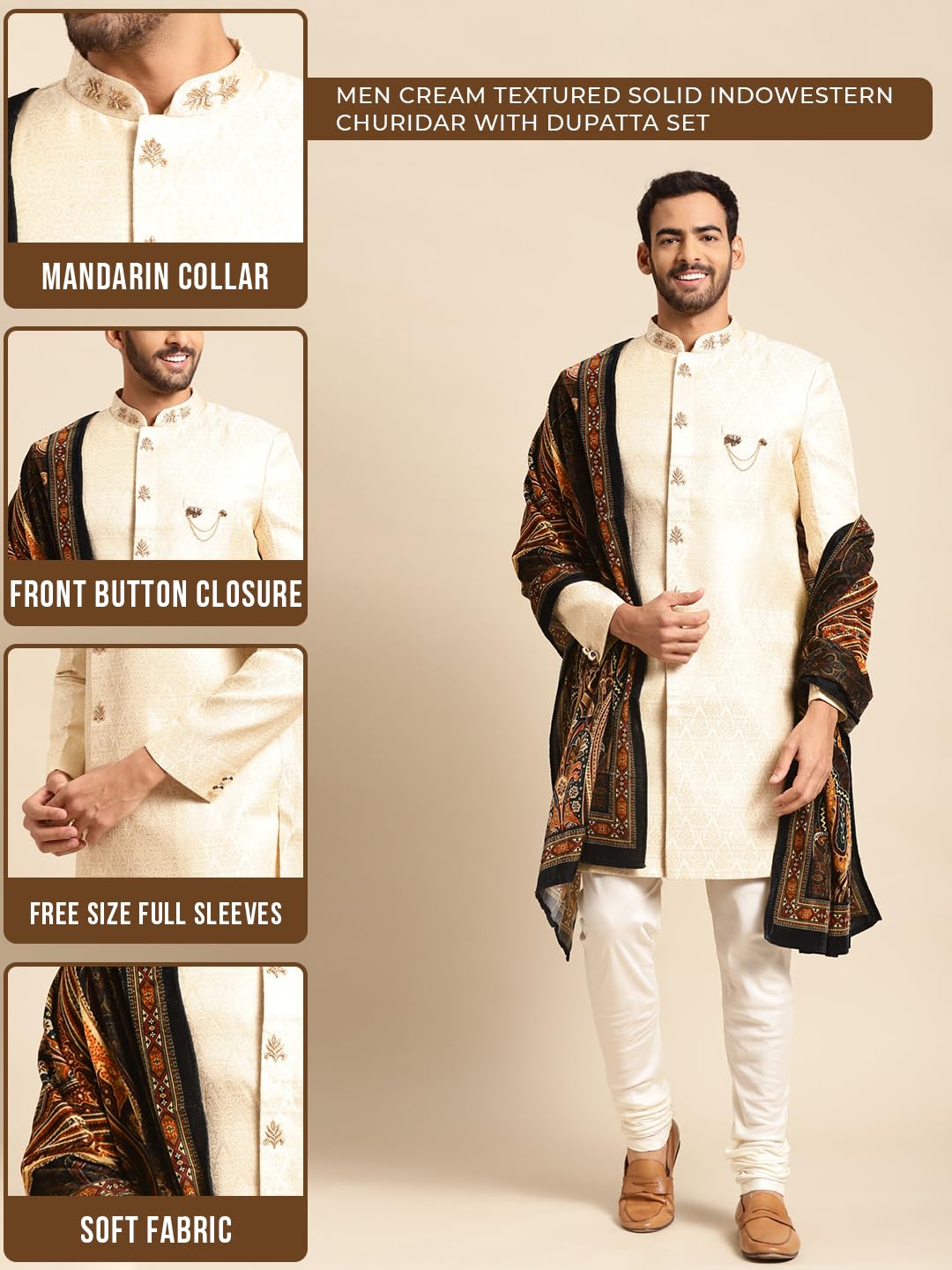 KISAH Sherwani Set with Dupatta for Men – Textured Silk Blend Jacquard Sherwani, Churidar & Dupatta | Traditional Indian Outfit for Weddings, Receptions & Festivals, White, 42