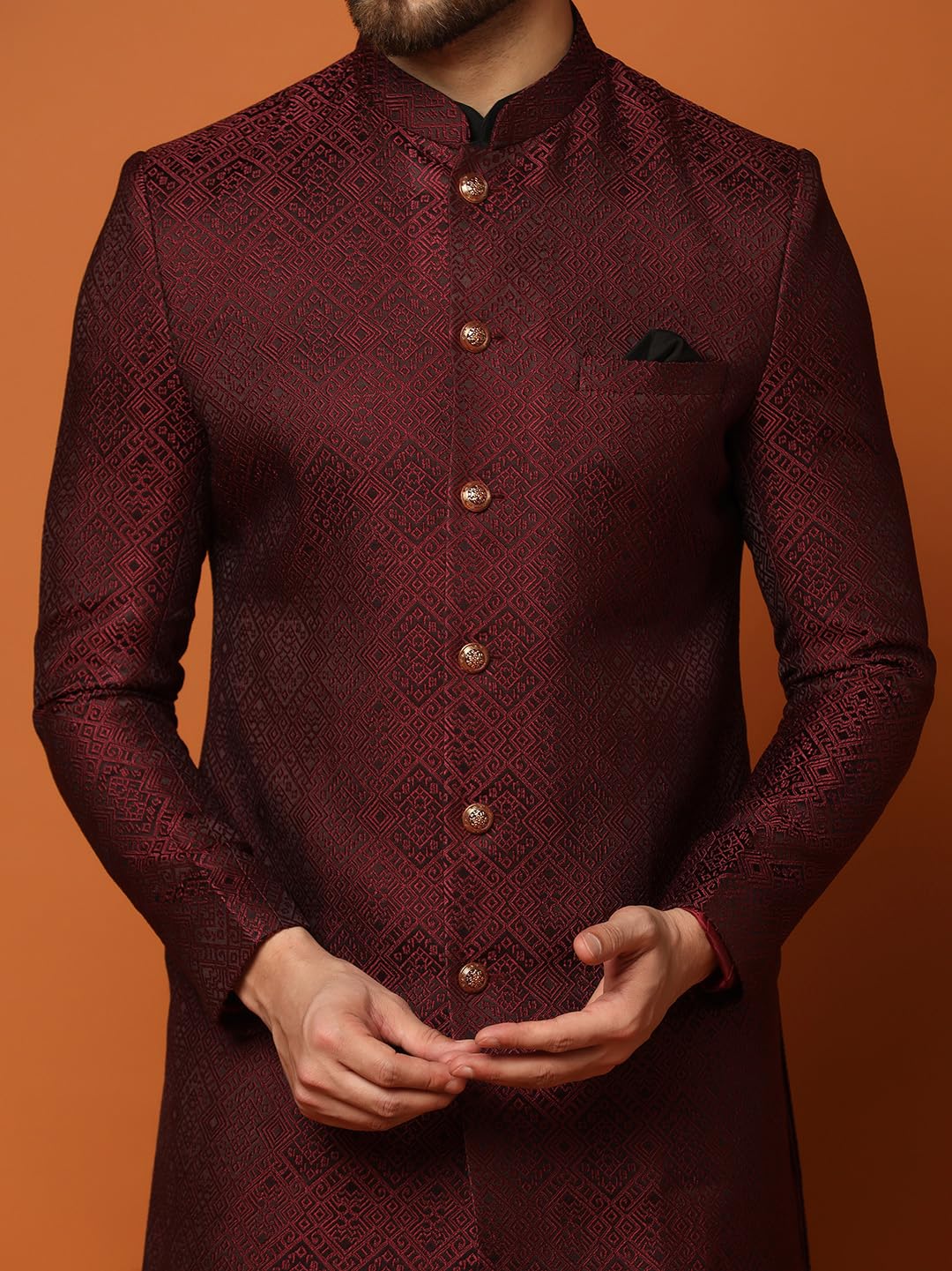 KISAH Mens Kurta Sherwani Churidar Set Silk Blend Jacquard, Indo-Western Ethnic Wear for Men, Maroon, 44