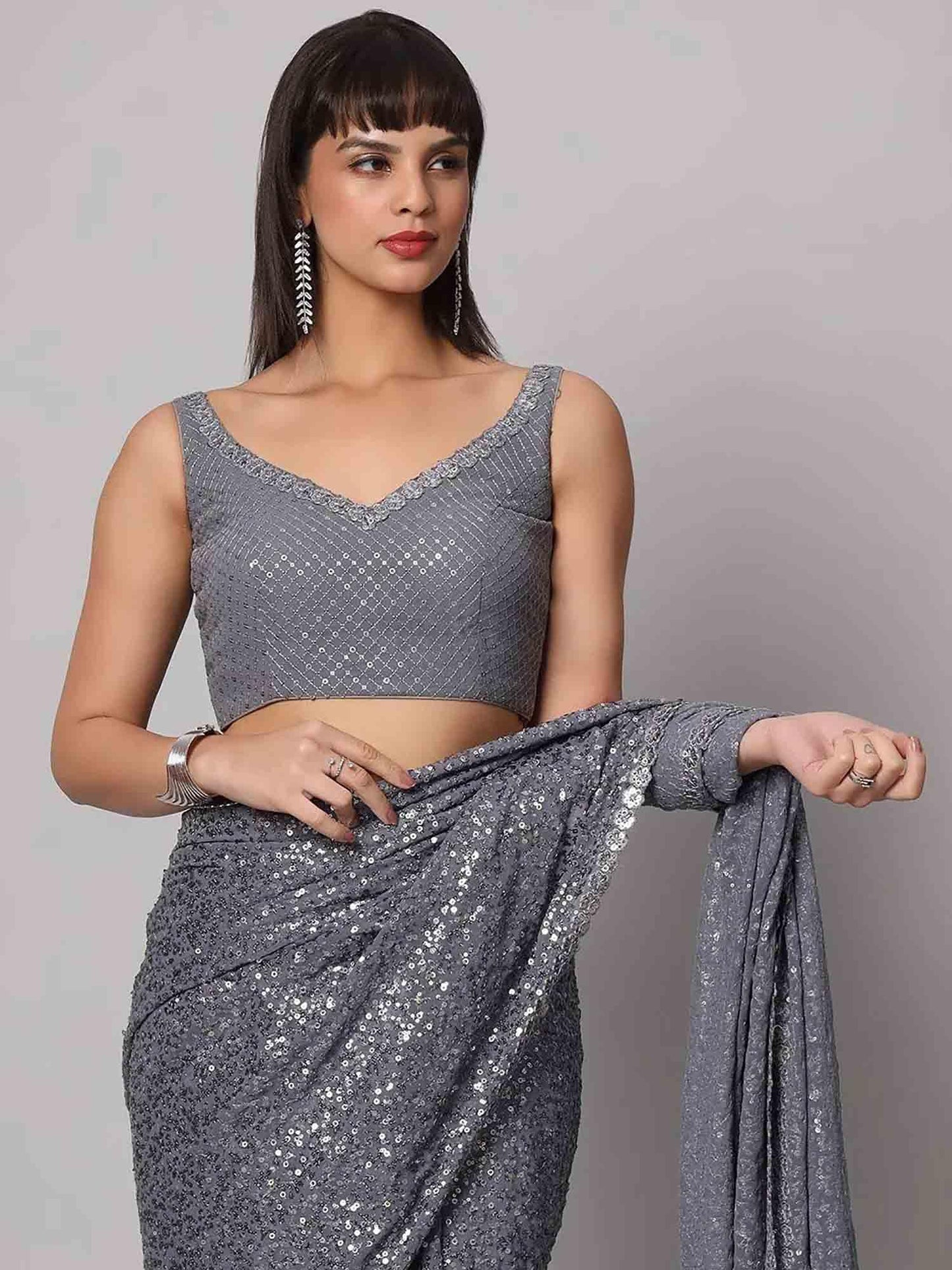 Zeel Clothing Women's Grey Sequins Work Heavy Georgette Saree with Blouse (1007-Slate-Grey-Sequins-Party-Saree-New, Slate Grey)