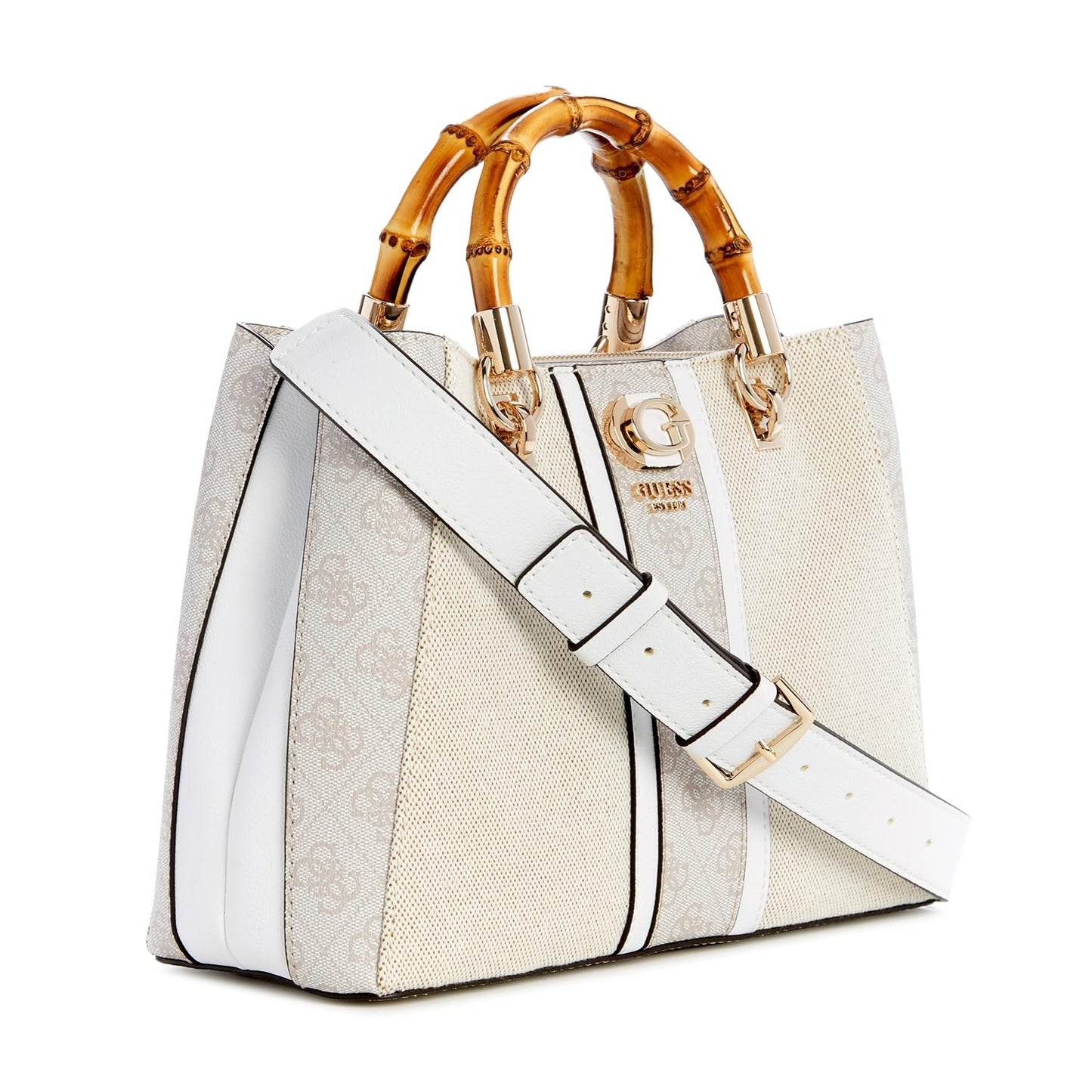 Guess Women's Natural/Dove Logo Printed Satchel| Ladies Purse Handbags | Gift For Ladies