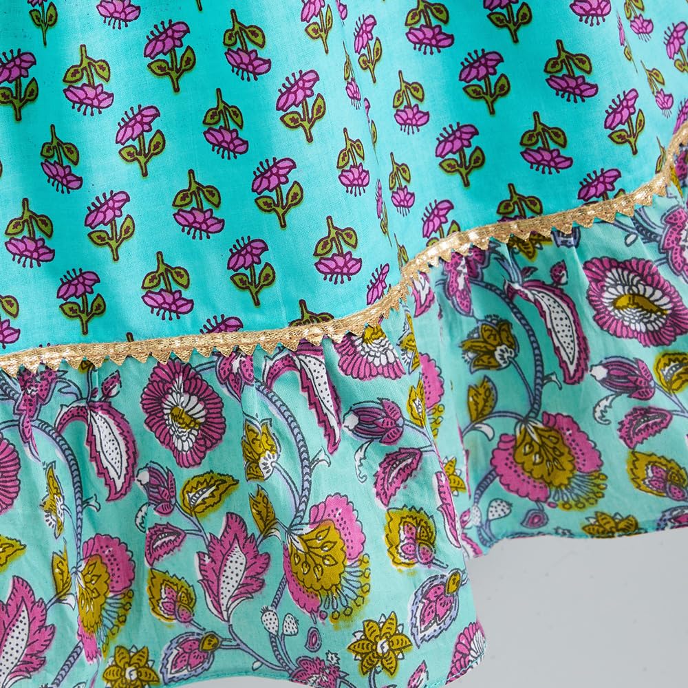 Hopscotch Hoscotch Girls Floral Blue Sleeveless 2 Piece Groove & Flow Cotton Lehenga Choli Set For Ages (5-6 Years)