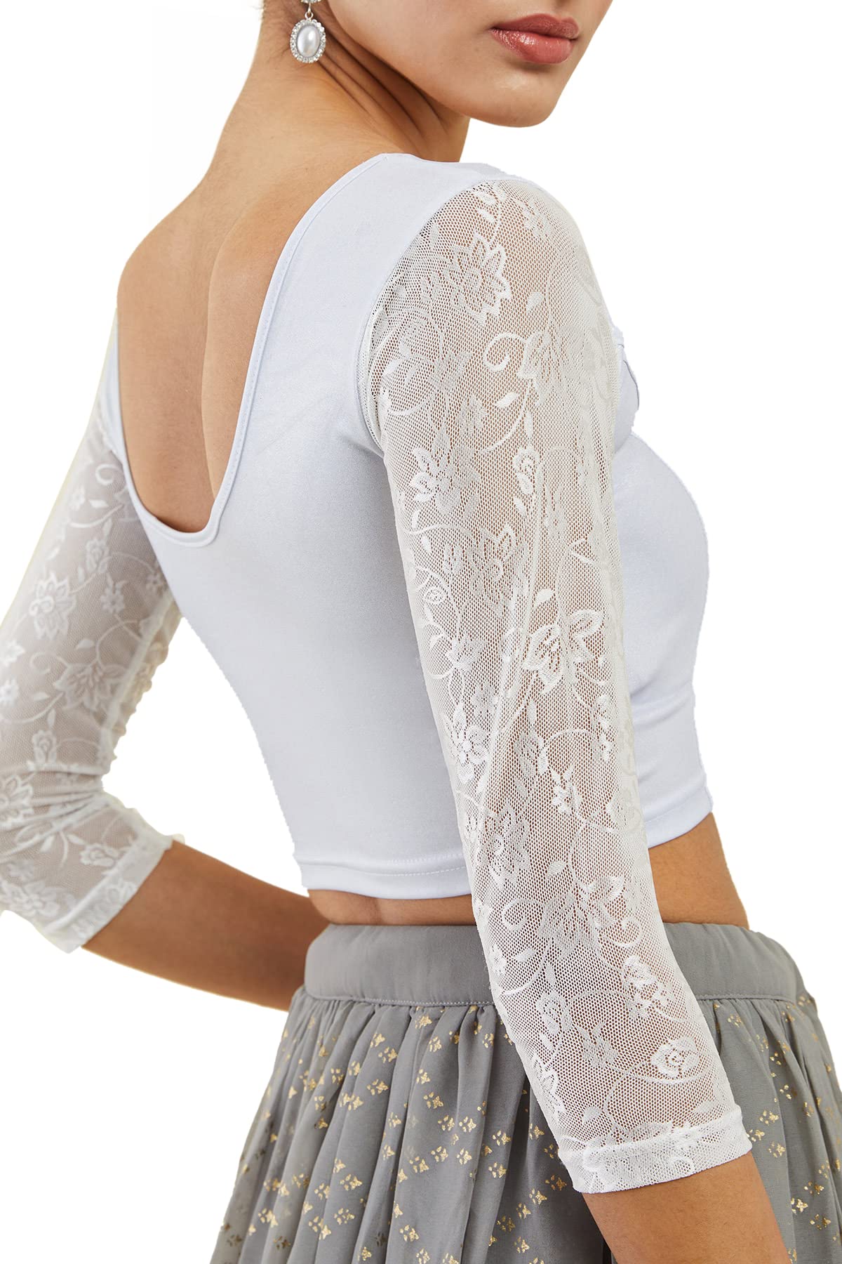 Soch Silver Spandex Prince Cut Blouse with Floral Sleeves
