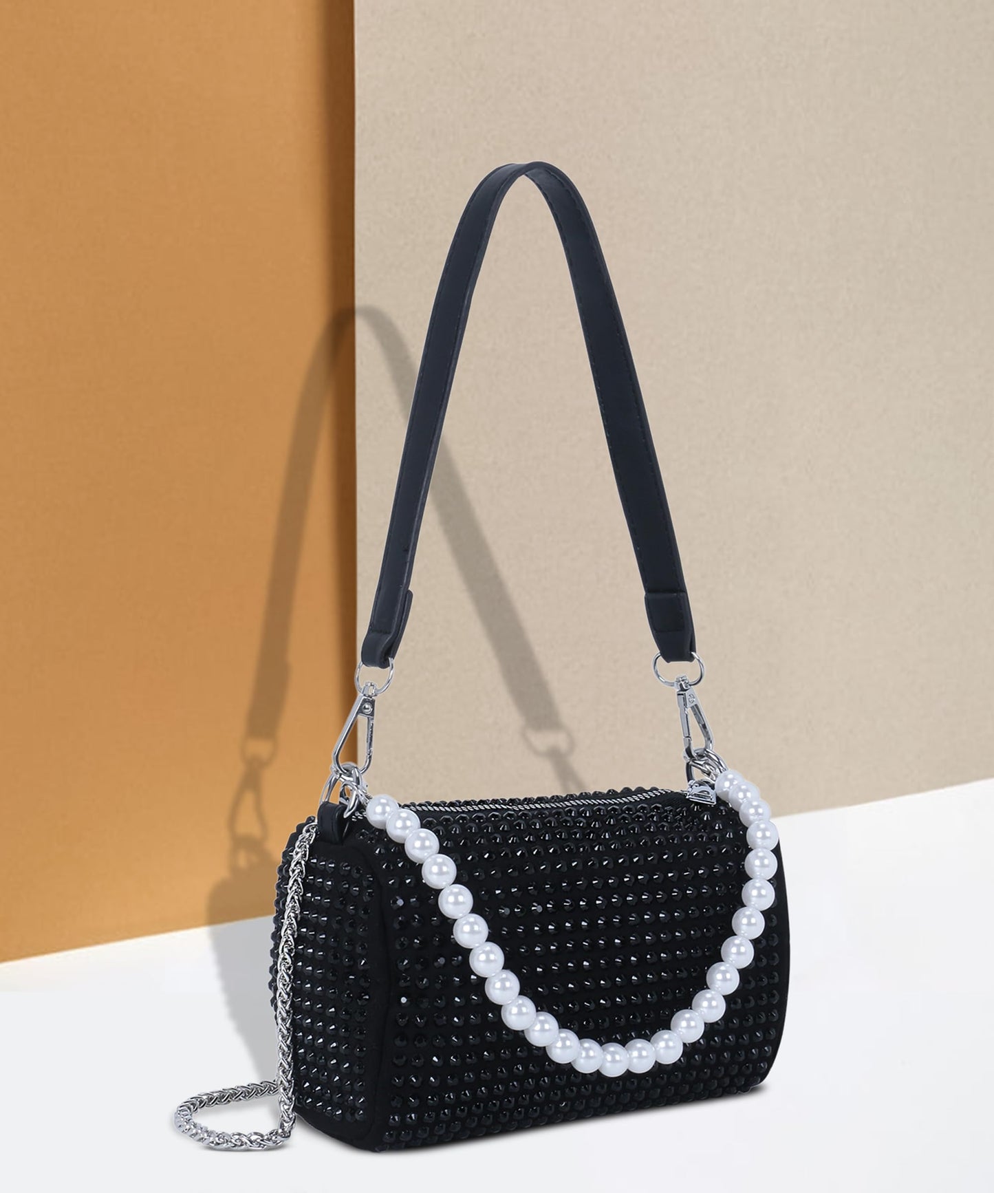 DOSYSO Rhinestone Crossbody sling Bag with Chain strap side Bag Evening Clutch Pearl Handle Designer Handbags for Women Stylish Latest Girls Glitter Ladies Purse for Party Wedding (BLACK)
