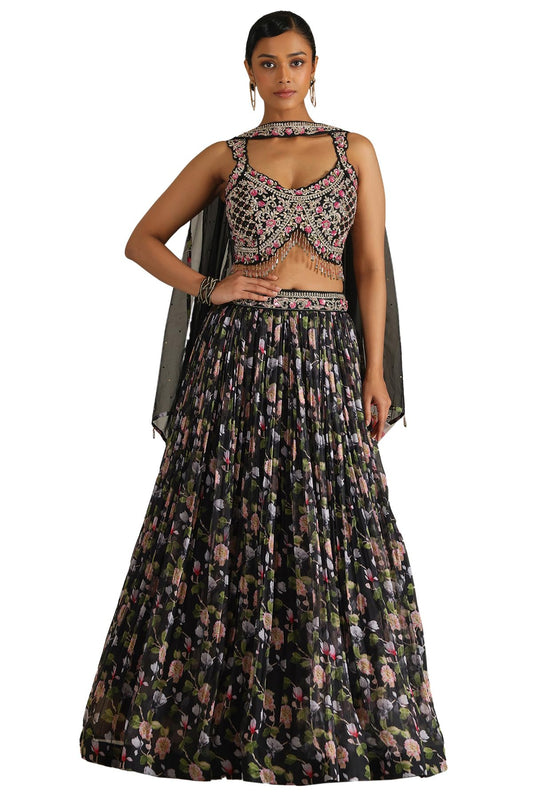 Soch Womens Black Dupion Silk Lehenga Choli With Stones And Sequins