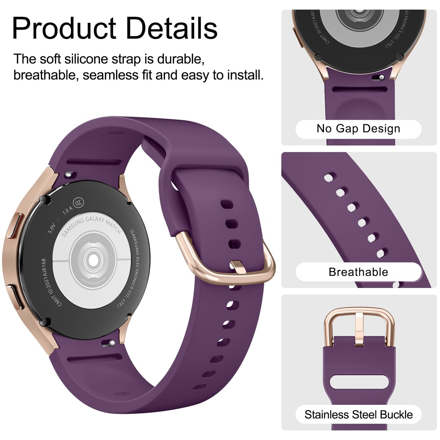 Tobfit Silicone Strap Compatible for Samsung Galaxy Watch 4/4 Classic/Active 2/Watch 5/5 Pro (Watch Not Included), Sport Replacement Strap with Classic Clasp for 20mm Smart Watch（Dark Purple）