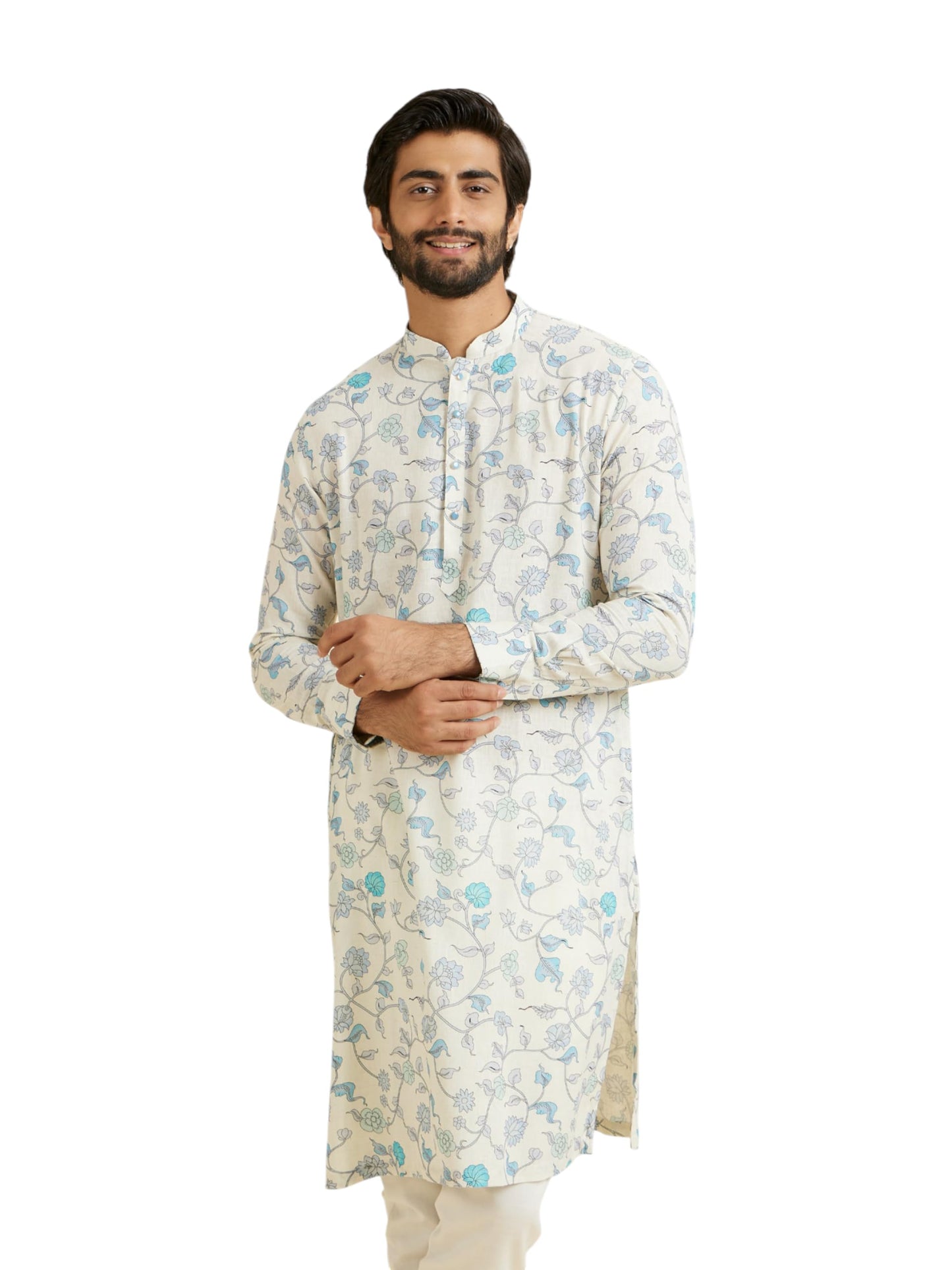 Manyavar Men's Linen Blend Floral Print Kurta(Aqua Green,XXL)