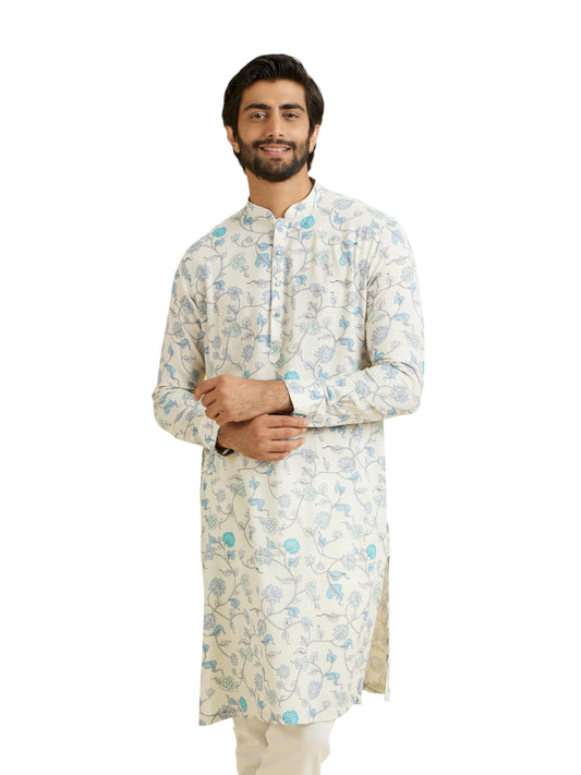 Manyavar Men's Linen Blend Floral Print Kurta(Aqua Green,XXL)