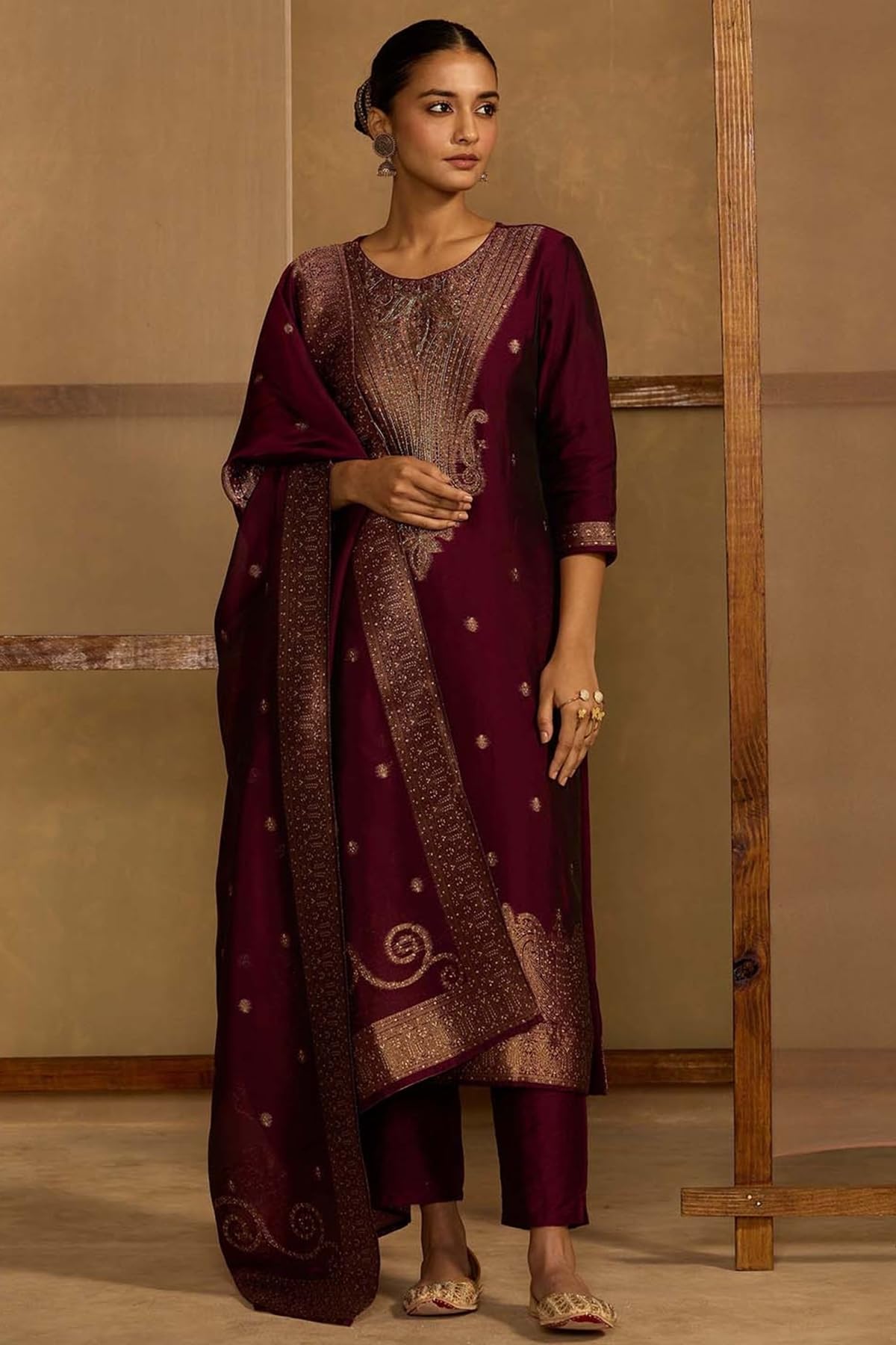 Soch Womens Wine Organza Zari Woven Suit Set With Cutdana