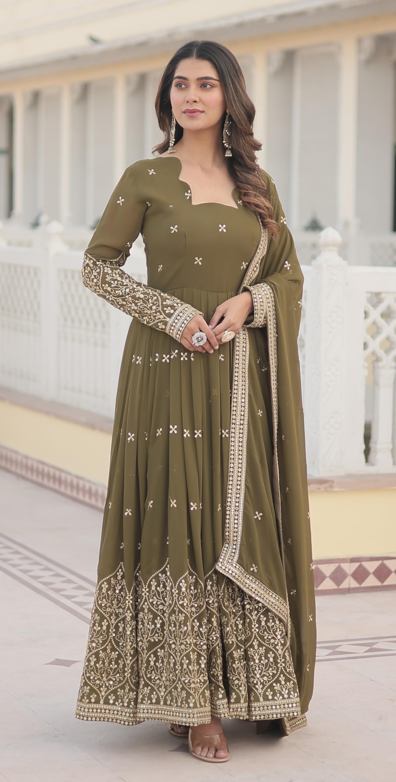 Fashion Basket Goergette Kurta with Duptta Olive