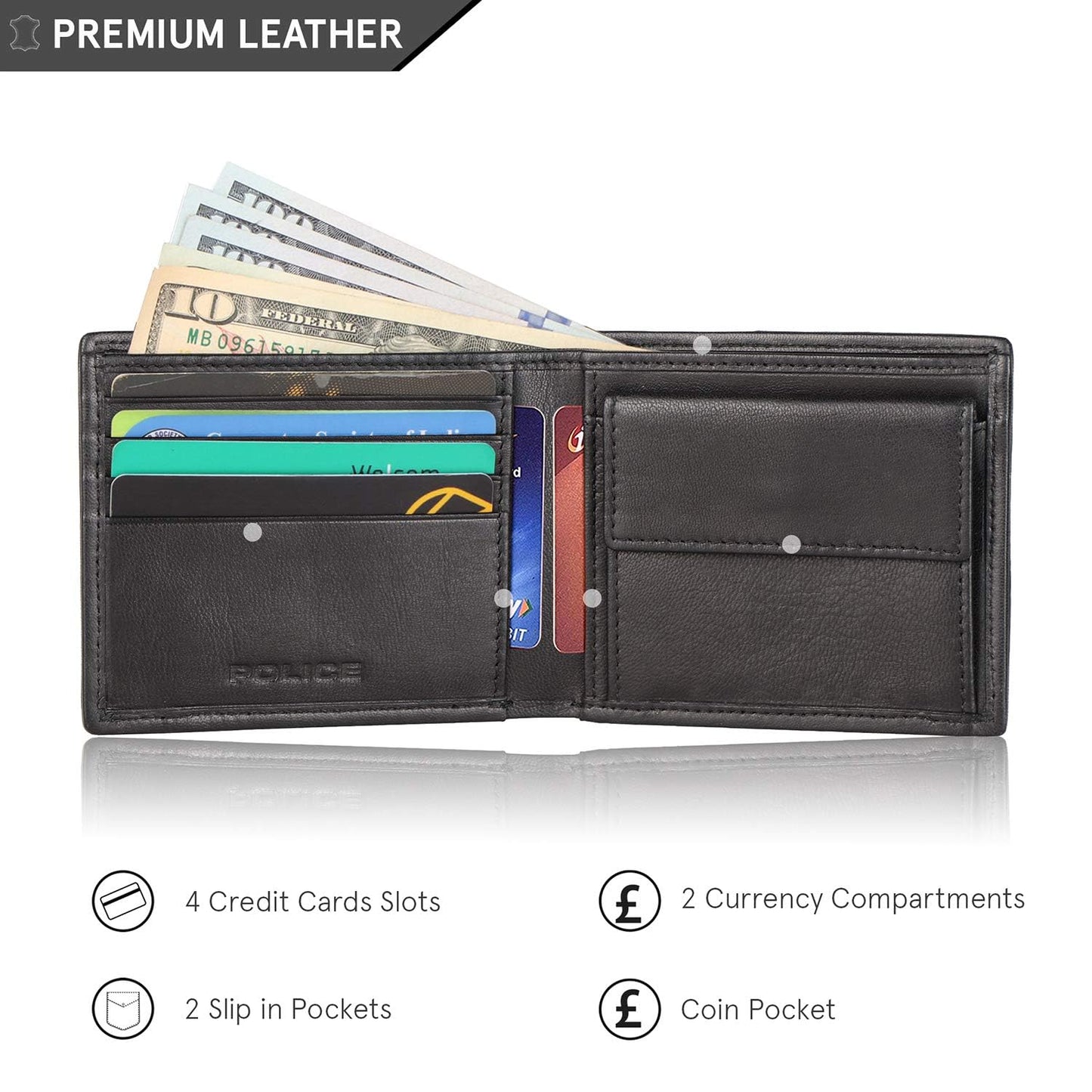 Police Branded Wallet for Men Original Leather | Premium Slim Wallet for Men Stylish Genuine Leather Gents Purse with 4 Card Holder Slots | 2 Slip-in Pockets | Ideal Diwali Gifts - Black