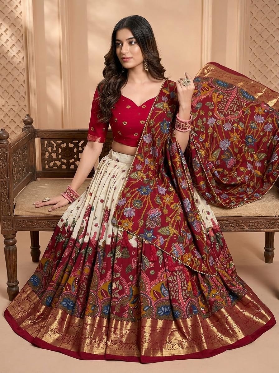 LooknBook Art Women Silk Unstitched Lehenga Choli (ARD1219OWT_Off White_Free Size)
