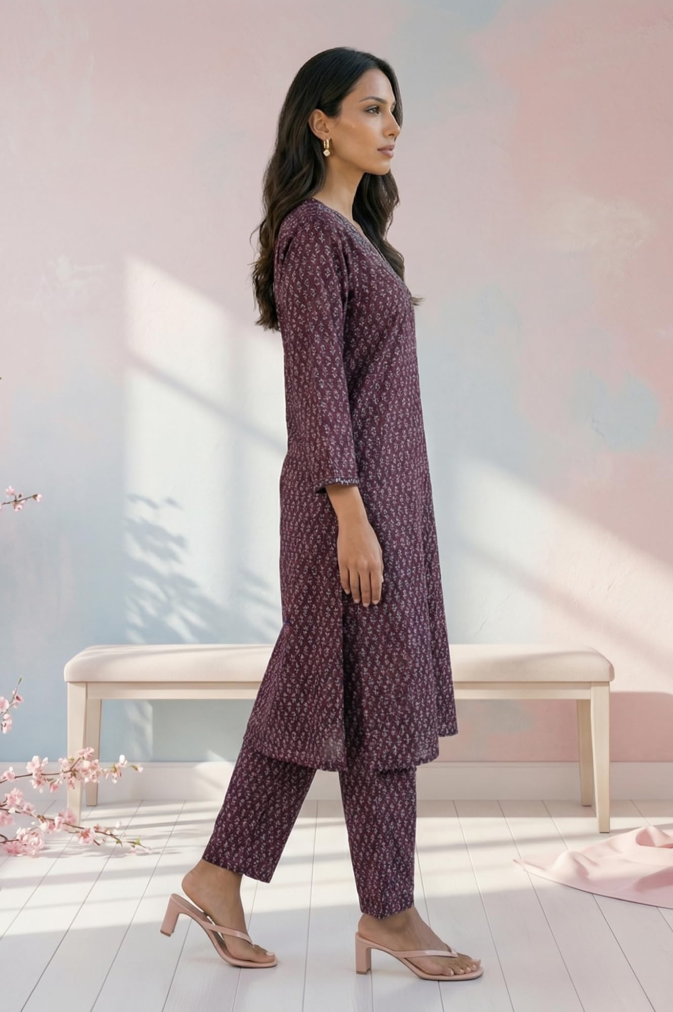 W for Woman Purple Floral Printed Embroidered Satin Straight Kurta with Pants and Dupatta Set - (WS13578-126546-XL)