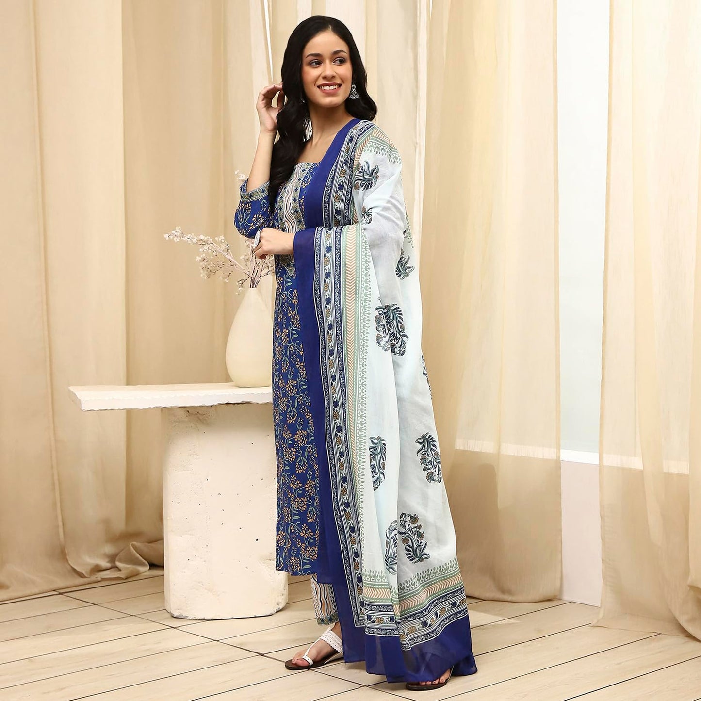 BIBA Women Royal Blue Cotton Screen Print Unstitched Suit Set_FREE SIZE