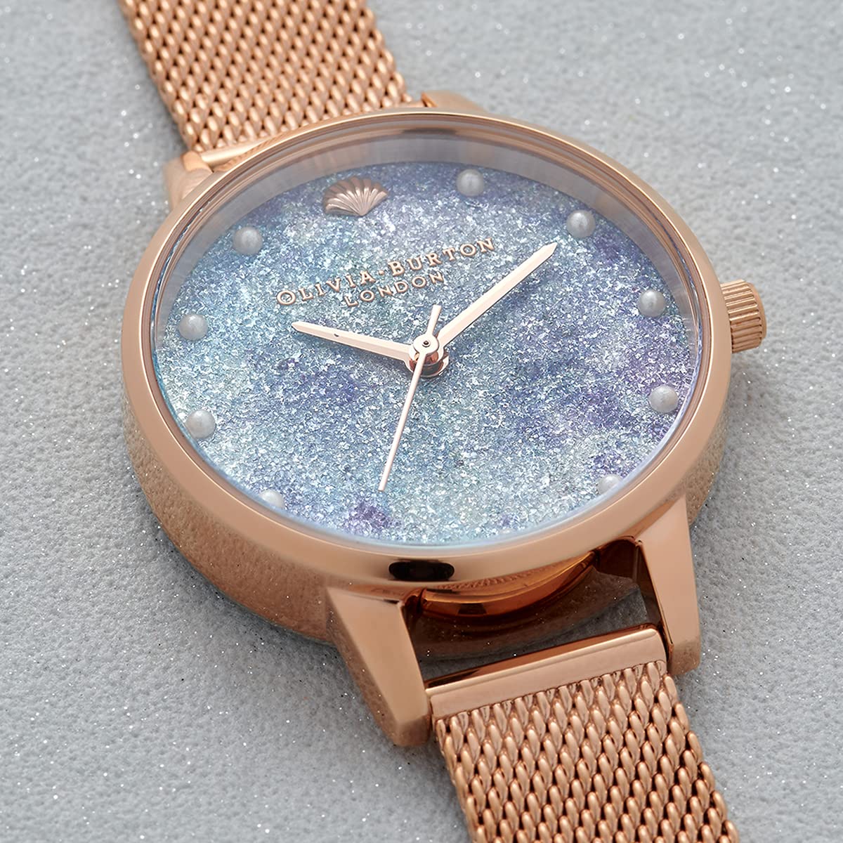 Olivia burton Under The Sea Quartz Crystal Lilac Aqua Glitter Fake Pearl Shell Stud Dial for Women's Watch - OB16US44