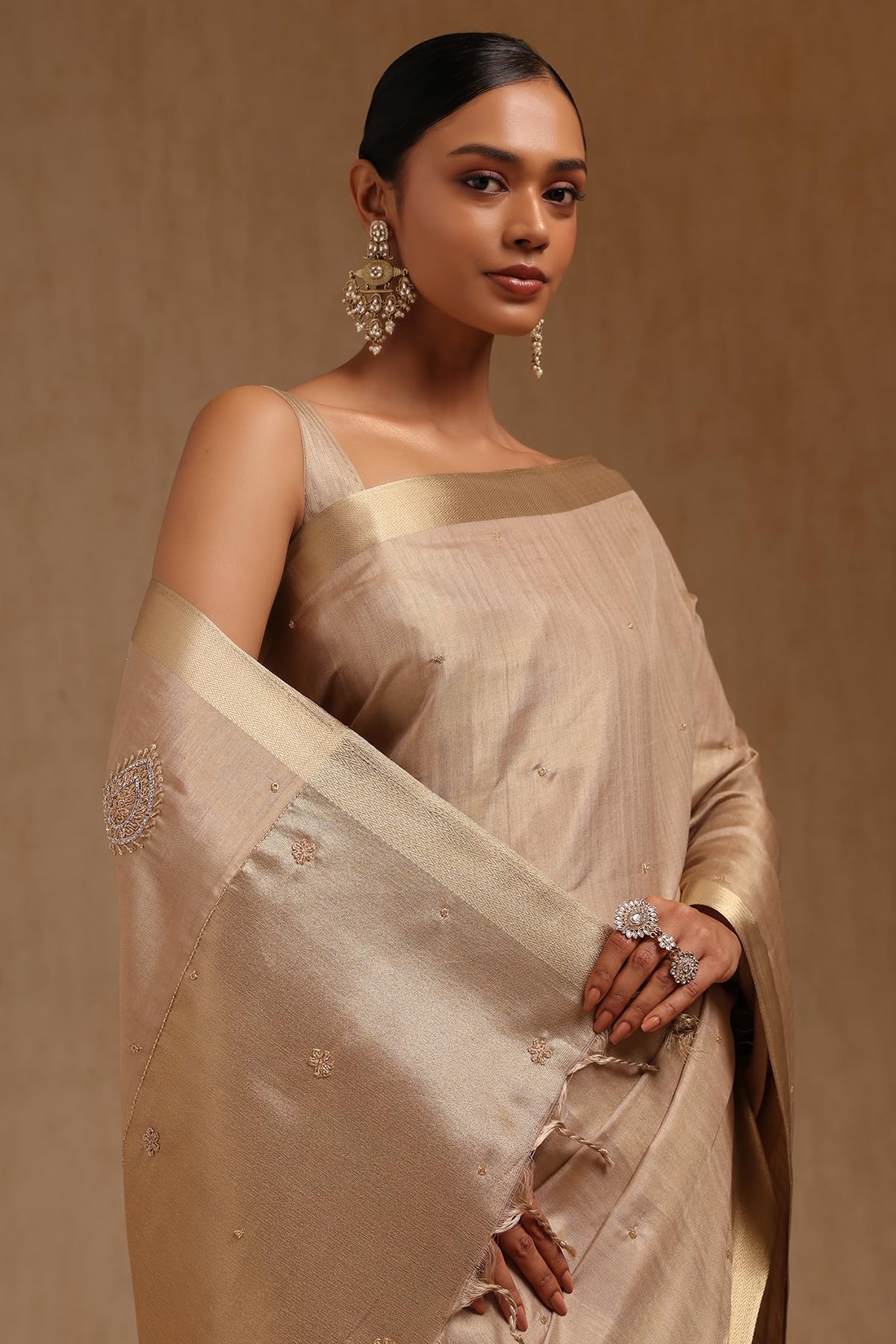 Soch Womens Beige Tussar Solid Saree With Cutdana