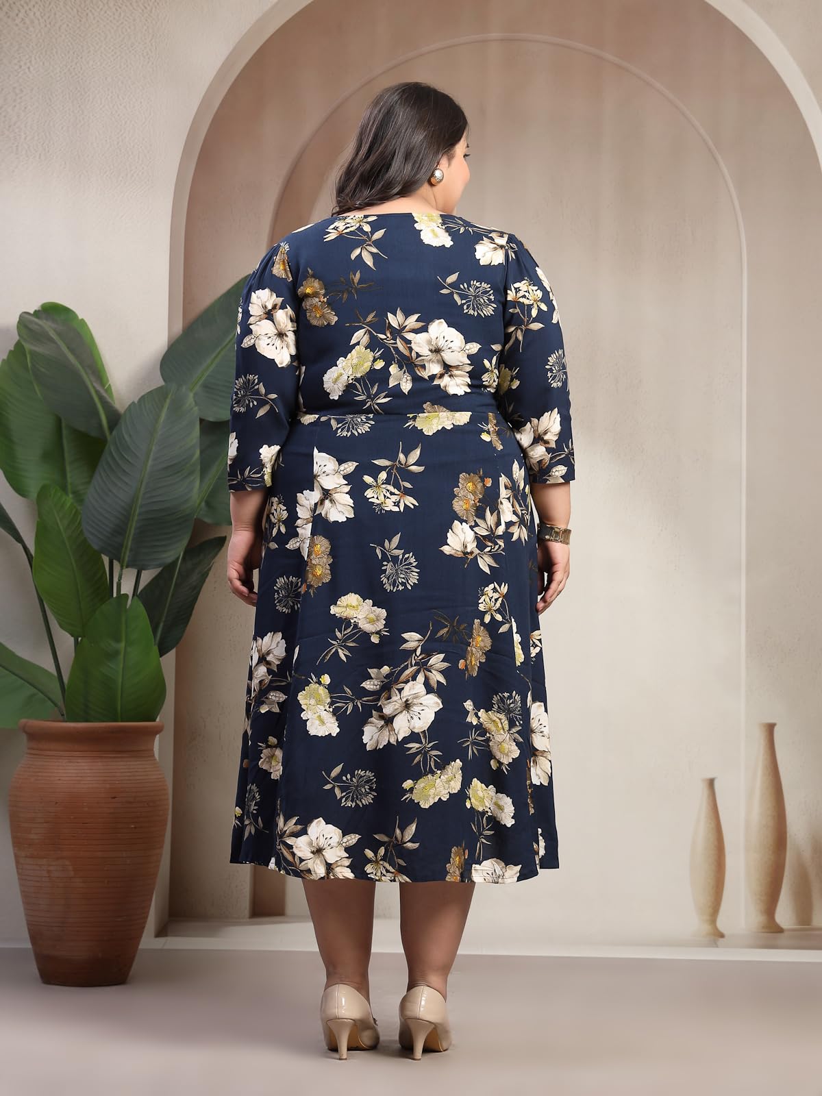 Women Plus Size Floral Print Puff Sleeve Maxi Dress (LDR20244-BLUEBEIGEFLORAL-7XL)