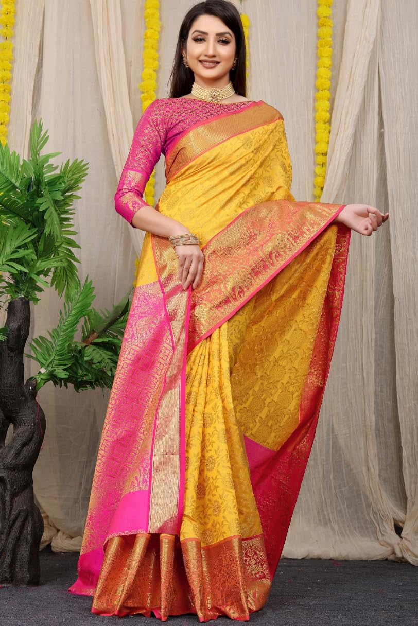 AMIRAT Women Kanchipuram Silk Woven Zari Saree | Kanjeevaram Silk Sari With Contrast Border And Blouse (Yellow)