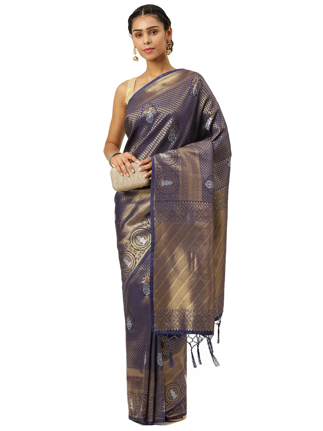 KARAGIRI Womens Kanjivaram Silk Blue Saree With Blouse Piece