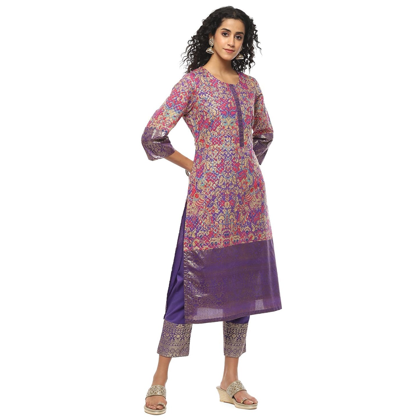 BIBA WOMEN PRINTED STRAIGHT SALWAR KURTA DUPATTA(SKDASSORTED7566E_PURPLE_38)