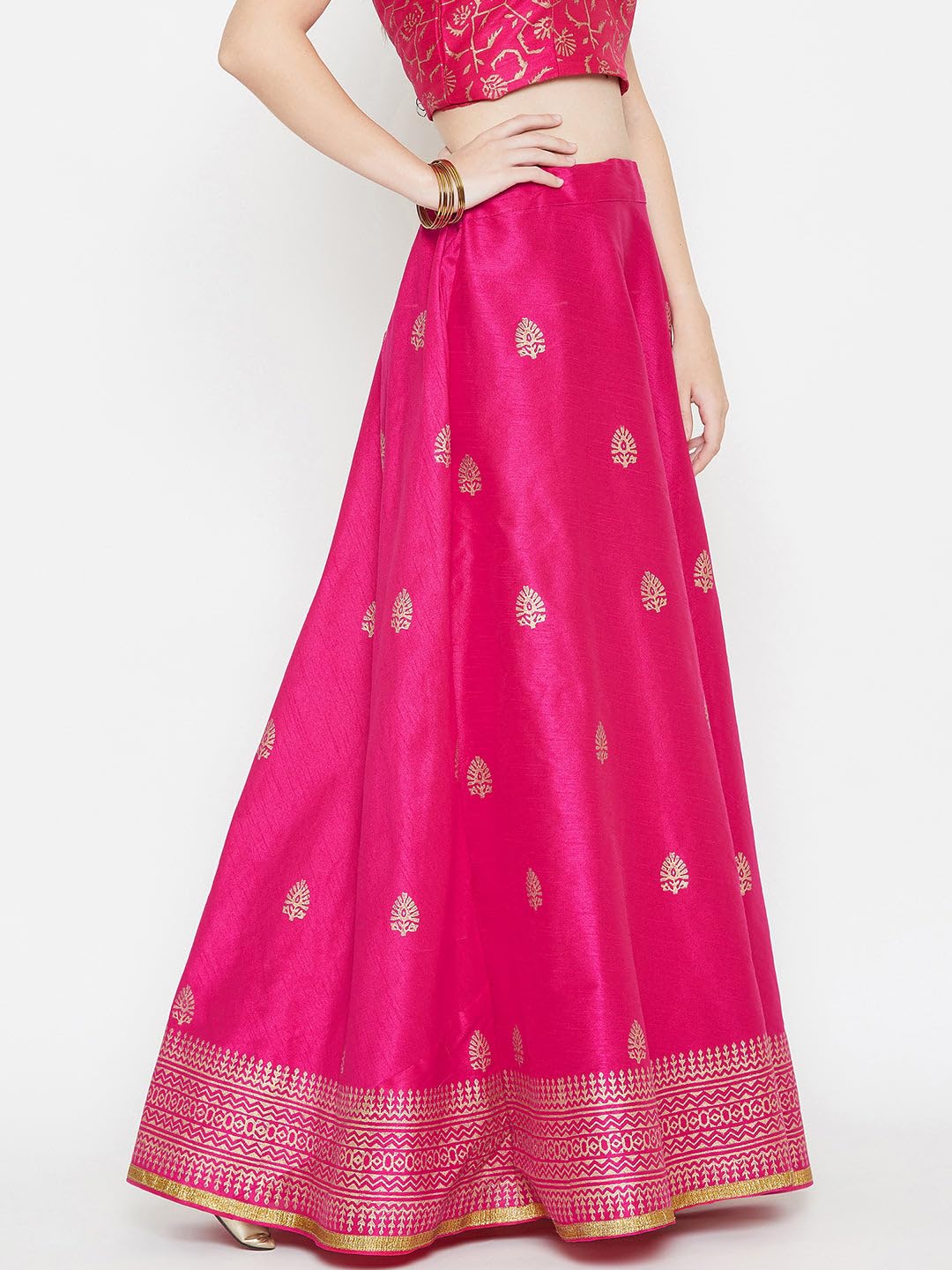 studio rasa Women's Dupion Block Printed Bias Skirt for Festive Wedding Party (SKTOC419RC170L_Pink_Large)