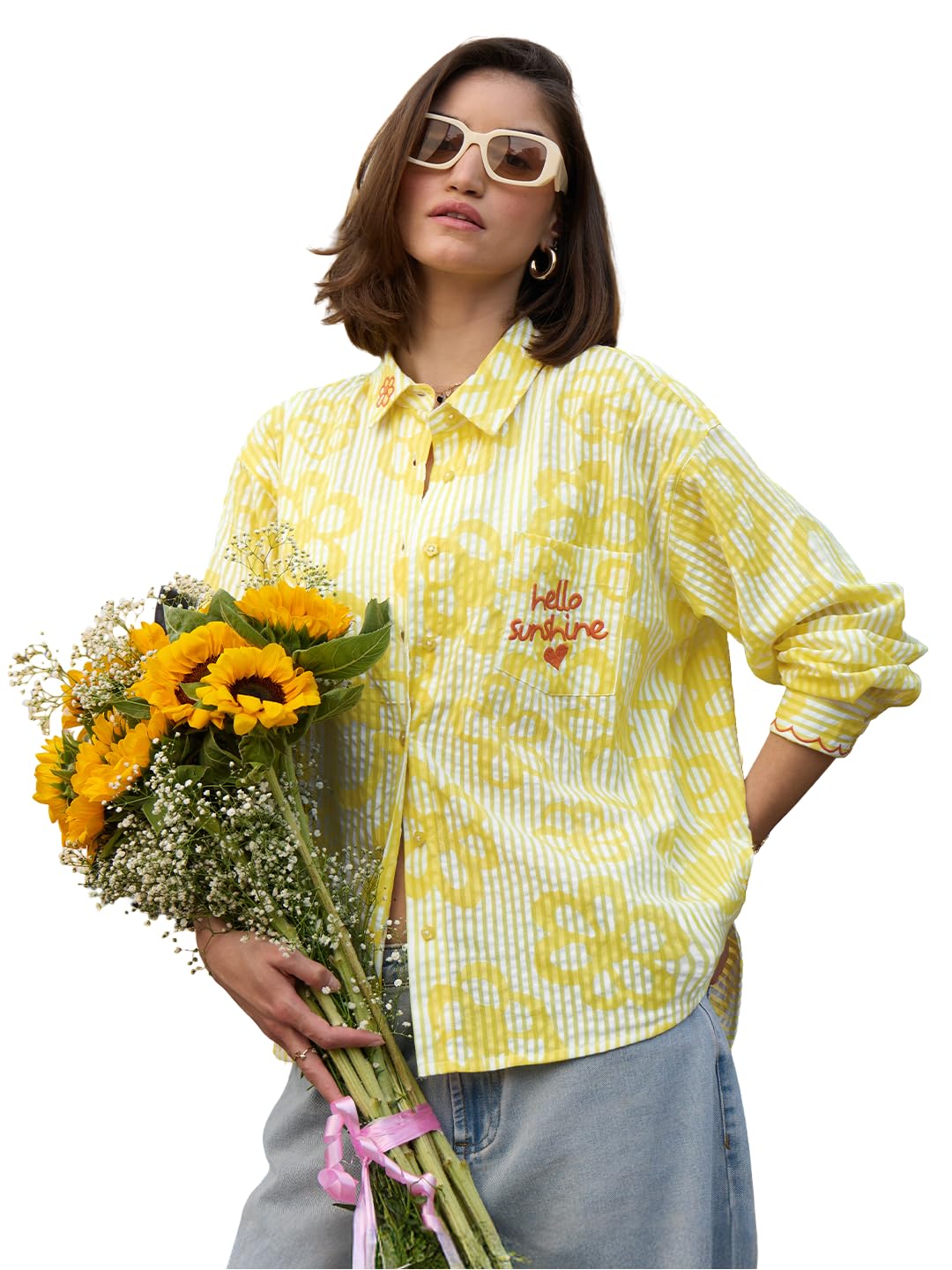 The Souled Store Hello Sunshine Women and Girls Long Sleeves Collared Neck Button Front Yellow Embroidered Cotton Boyfriend Shirts
