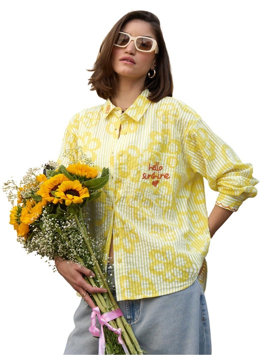The Souled Store Hello Sunshine Women and Girls Long Sleeves Collared Neck Button Front Yellow Embroidered Cotton Boyfriend Shirts
