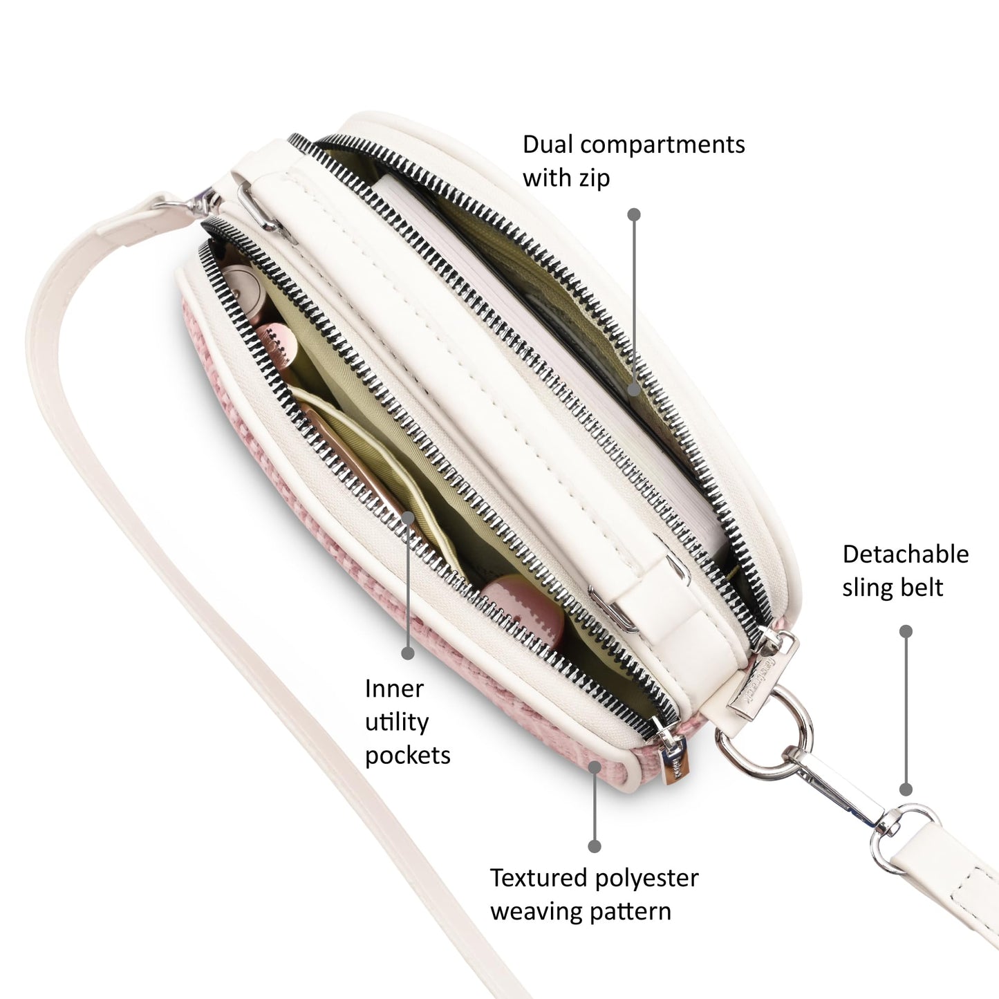 Fastrack Women's Basketweave Dual Compartment Sling Bag | Detachable Adjustable Sling, Dual Zip Compartments, Inner Utility Pockets | 6 Months Warranty