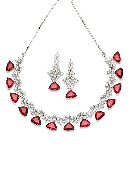 Karatcart Silver Tone Red Triangular Shape American Diamond Necklace Set for Women