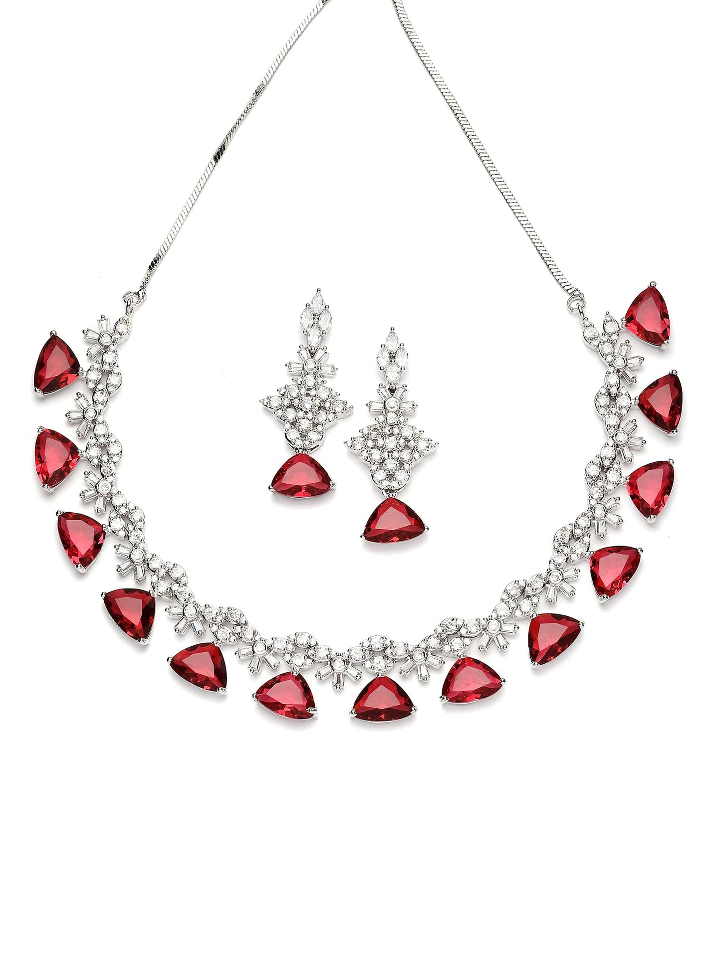 Karatcart Silver Tone Red Triangular Shape American Diamond Necklace Set for Women