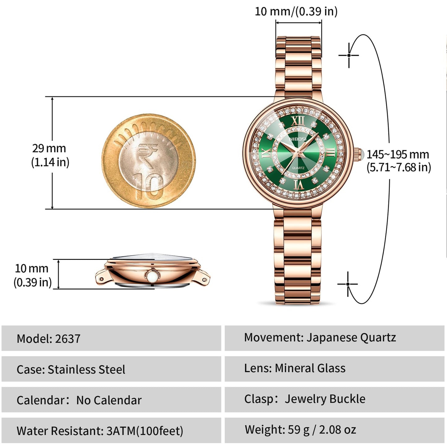 NIBOSI Women Watches Rose Gold Stainless Steel Analog Quartz Luxury Diamond Latest Watch for Ladies Luxury Stylish Waterproof (Rose Green)