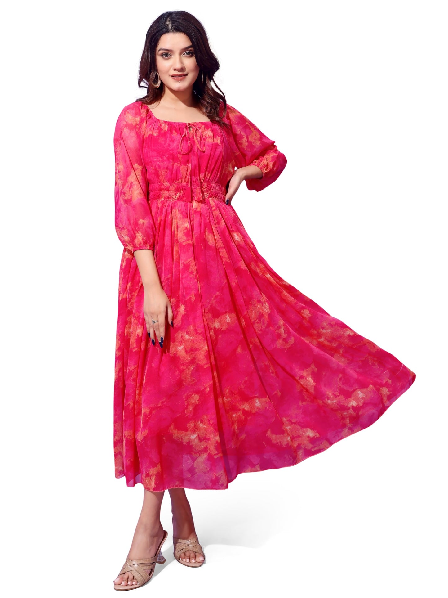 Attire Empire Women Printed Fit and Flare Dress Pink