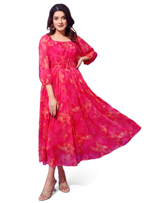 Attire Empire Women Printed Fit and Flare Dress Pink