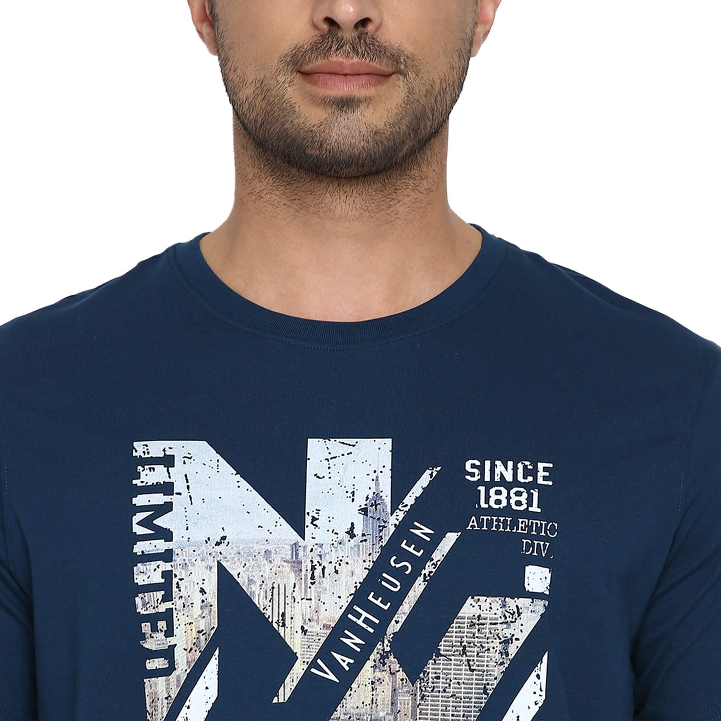 Van Heusen Athleisure Men Regular Fit T-Shirt - Cotton Rich - Crew Neck, Short Sleeve, Chest Graphic_60096_Deep Sea Lt_Medium, Blue
