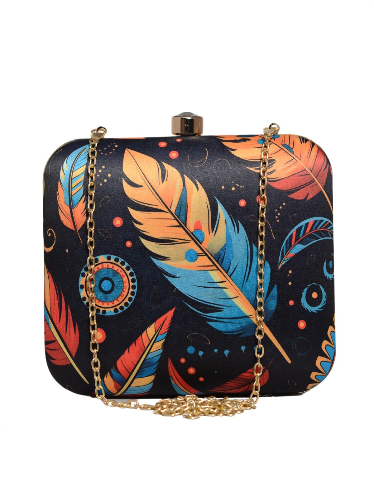 Artklim Black Based Feather Printed Clutch