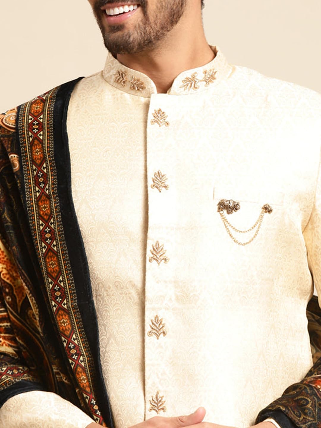 KISAH Sherwani Set with Dupatta for Men – Textured Silk Blend Jacquard Sherwani, Churidar & Dupatta | Traditional Indian Outfit for Weddings, Receptions & Festivals, White, 42