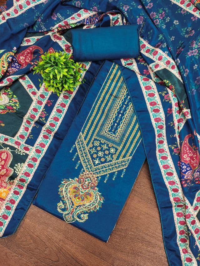 VARNI FABRICS Chinnon Dress Material for Women Digital Print Unstitched Woman Salwar Suit Dress Material With Chinnon Dupatta Teal Blue