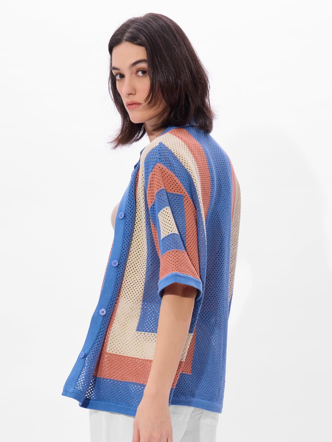 The Souled Store Carnelian Women and Girls Short Sleeves Collared Neck Button Front Open Knit Structured Boyfriend Shirts