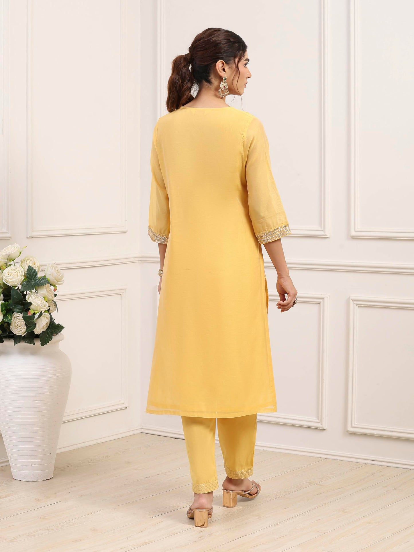 Biba Women Yellow Poly Chanderi Straight Suit Set_34