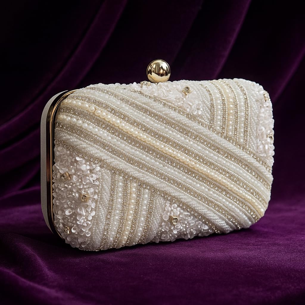 DUCHESS White Pearl Embellished Clutch for Women | Sequin & Beaded Party Purse | Elegant Wedding Handbag for Girls | Stylish Bridal Accessory | Designer Evening Bag for Festive Occasions